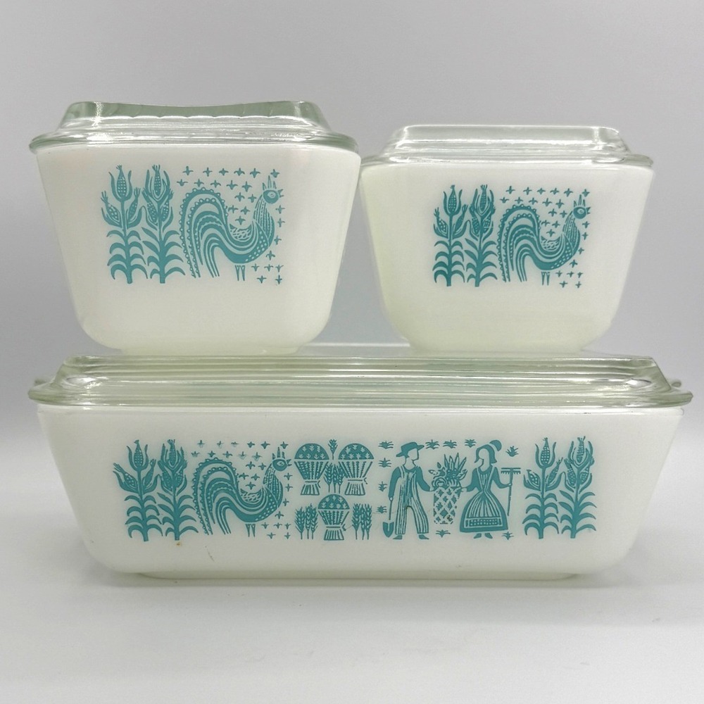 VTG Pyrex Refrigerator Dish 501 502 503 6 Piece Set Turquoise Butterprint Amish